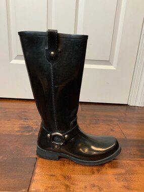 Michael Kors Stormy Black Harness Moto Style Rubber Rain Boots, Size 10